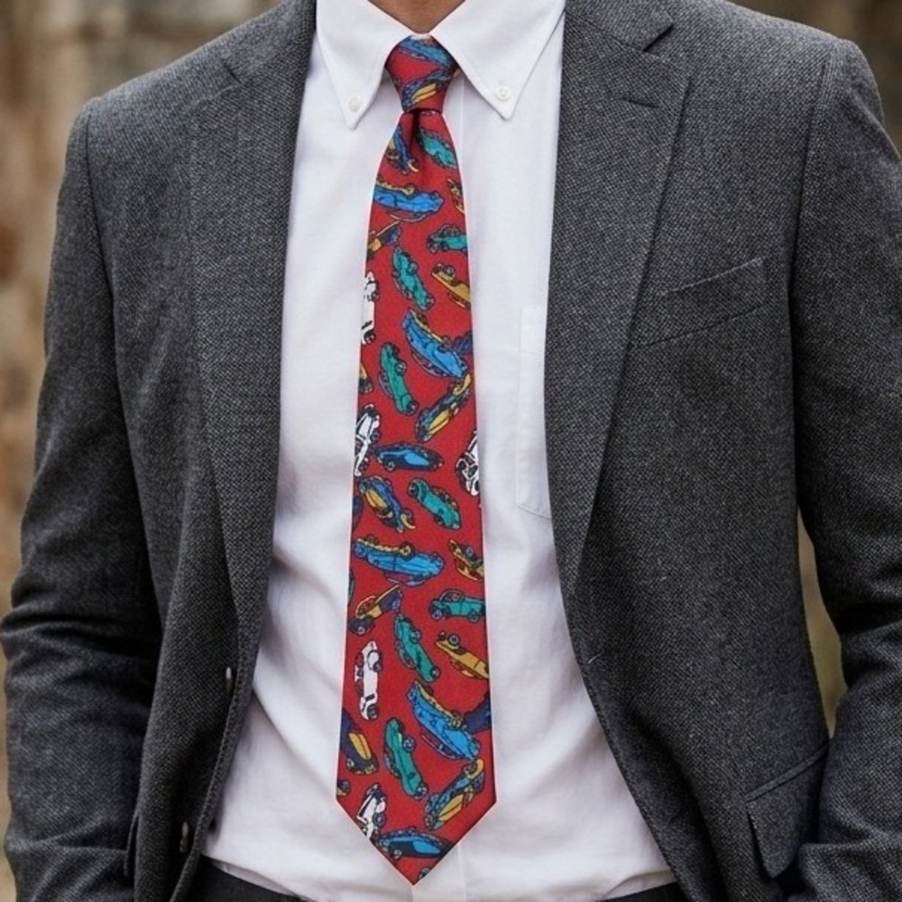 Vintage Ta Bom Red Silk Blend Classic Car Novelty Pattern Necktie Y2K Retro